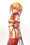  arms_behind_back blonde_hair bow_(bhp) breasts breasts_outside collar cowboy_shot from_side garter_straps green_eyes harness highres leash looking_at_viewer navel nipples original red_legwear short_hair small_breasts solo thighhighs twintails 