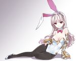  animal_ears arm_support bare_shoulders black_legwear bow bowtie breasts bunny_ears bunny_girl bunnysuit cleavage detached_collar eiyuu_senki elbow_gloves fake_animal_ears fingerless_gloves gloves large_breasts legs long_hair looking_at_viewer matsuryuu pantyhose red_eyes sir_percival_(eiyuu_senki) sitting smile solo white_hair 