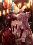  aili_(aliceandoz) black_hair blurry blurry_background bow close-up crossed_arms depth_of_field eye_contact face face-to-face flower fujiwara_no_mokou hair_bow hair_flower hair_ornament hands_together highres hime_cut houraisan_kaguya japanese_clothes kimono lampion lantern lips long_finger long_hair looking_at_another multiple_girls nose open_mouth paper_lantern parted_lips red_eyes silver_hair snowing touhou upper_body wide_sleeves yellow_eyes yuri 