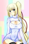  black_legwear blonde_hair blue_eyes blush breasts cleavage highres kenken large_breasts limalisha long_hair madan_no_ou_to_vanadis meme_attire open-chest_sweater ribbed_sweater side_ponytail sitting sweater thighhighs very_long_hair 