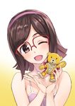  ;d bare_shoulders beargguy_iii blush brown_eyes brown_hair camisole glasses gundam gundam_build_fighters gunpla hairband highres kousaka_china matsuryuu one_eye_closed open_mouth over-rim_eyewear red-framed_eyewear semi-rimless_eyewear short_hair smile solo 