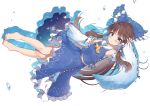  aqua_eyes barefoot beni_kurage blush bow brown_hair clouds hakurei_reimu japanese_clothes long_hair miko sky stars touhou twintails water white 