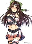  adapted_costume bare_shoulders blush brown_eyes brown_hair covering covering_breasts cowboy_shot elbow_gloves embarrassed flying_sweatdrops full-face_blush gloves green_headband headband horosuke_(toot08) jintsuu_(kantai_collection) kantai_collection long_hair midriff navel race_queen remodel_(kantai_collection) simple_background sketch skirt solo twitter_username wavy_mouth white_background 