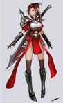  1girl armor belt black_eyes boots closed_mouth female fingerless_gloves frostce gauntlet gauntlets gloves high_heels original red_hair simple_background solo sword thighhighs weapon white_background 