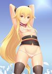  absurdres arms_behind_back arms_behind_head arms_up ashikaga_chachamaru bad_id bad_pixiv_id bikini black_legwear blonde_hair blue_background breasts brown_eyes cameltoe covered_nipples cowboy_shot gradient gradient_background highres long_hair micro_bikini nipples petals see-through shoutai_(7490773) small_breasts smile solo soukou_akki_muramasa sun swimsuit thighhighs very_long_hair 