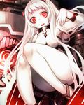  airfield_hime bad_id bad_pixiv_id chromatic_aberration eyelashes horns kantai_collection knees_together_feet_apart leotard long_hair looking_at_viewer machinery open_mouth red_eyes runway shinkaisei-kan sitting smile solo teroru very_long_hair white_hair white_skin wide-eyed 