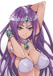  arms_up bikini bracelet breasts circlet cleavage dark_skin dragon_quest dragon_quest_iv highres jewelry large_breasts long_hair manya matsuryuu purple_eyes purple_hair simple_background smile solo swimsuit white_background 