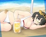  alcohol beach beer beer_mug bikini black_hair breasts cleavage day glasses green-framed_eyewear hairband halter_top halterneck headgear kantai_collection kirishima_(kantai_collection) large_breasts lying midriff neko_majin on_side semi-rimless_eyewear short_hair side-tie_bikini smile solo swimsuit under-rim_eyewear 