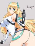  1girl angela_balzac ass bare_shoulders blonde_hair blue_eyes blush bodysuit breasts elbow_gloves expelled_from_paradise from_behind gloves headgear koujun_(mugenzero) large_breasts leaning leaning_forward leotard long_hair looking_at_viewer looking_back low_twintails open_mouth rakuen_tsuihou shiny shiny_clothes shiny_skin solo thong thong_leotard twintails very_long_hair 