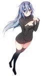  aqua_hair bad_id bad_pixiv_id black_legwear blue_eyes blue_hair blush cleavage_cutout commentary_request gradient_hair hair_between_eyes heterochromia highres horns io_(pso2) kurebayashi_noe looking_at_viewer meme_attire multicolored_hair open-chest_sweater open_mouth phantasy_star phantasy_star_online_2 revision ribbed_sweater short_hair simple_background solo sweater thighhighs turtleneck twitter_username white_background yellow_eyes 