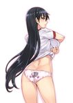  animal_print ass azumanga_daiou back-print_panties black_eyes black_hair blush breasts cat_panties cat_print from_behind gym_uniform highres large_breasts long_hair looking_at_viewer looking_back matsuryuu no_pants outline panties parted_lips paw_print pink_panties print_panties sakaki shirt_lift simple_background solo underwear undressing very_long_hair white_background 