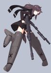  :o absurdres animal_ears bad_id bad_pixiv_id black_panties blue_background brown_hair dog_ears dog_tail dual_wielding full_body gun helmina_lent highres holding holding_gun holding_weapon leaning_forward long_hair long_sleeves mg_151_cannon military military_uniform panties purple_eyes scarf seedflare simple_background solo striker_unit tail underwear uniform weapon world_witches_series 