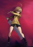  absurdres ahoge bike_shorts black_footwear boots brown_hair dual_wielding flat_chest highres holding hood hoodie huge_ahoge johan_(johan13) knife linne purple_eyes reverse_grip short_hair solo sword under_night_in-birth weapon 