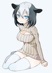  animal_ears black_hair blue_eyes breasts cleavage copyright_request dress hair_between_eyes highres jpeg_artifacts large_breasts looking_at_viewer md5_mismatch meme_attire multicolored_hair open-chest_sweater panties ribbed_sweater simple_background sitting smile solo sweater sweater_dress thighhighs tsukasa_takashi two-tone_hair underwear white_hair white_legwear white_panties yokozuwari 