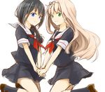  black_hair black_panties black_serafuku blonde_hair blue_eyes braid green_eyes hair_ribbon highres hoshi_akari kantai_collection kneehighs long_hair multiple_girls neckerchief panties red_neckwear ribbon school_uniform serafuku shigure_(kantai_collection) shoes single_braid sketch underwear yuudachi_(kantai_collection) 