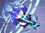  blue_eyes blue_hair ene_(kagerou_project) headphones kagerou_project long_hair looking_at_viewer matsuryuu smile solo thighhighs twintails 