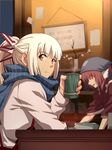  bad_id bad_pixiv_id blurry brown_hair commentary cup depth_of_field fujiwara_no_mokou hair_ribbon head_scarf highres hime_cut kurohane light_frown looking_at_viewer multiple_girls mystia_lorelei okamisty picture_(object) ponytail red_eyes ribbon scarf shelf sketch striped striped_scarf suspenders tasuki touhou twig vase white_hair 
