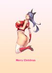  absurdres ass bad_id bad_pixiv_id belt_boots black_panties blush boots breasts christmas demon_girl full_body fur_boots grabbing heart_cutout highres horns knee_boots large_breasts leviathan_(the_seven_deadly_sins) long_hair looking_at_viewer meme_attire merry_christmas oinari_risuru open-chest_sweater open_mouth panties pointy_ears purple_hair red_eyes red_footwear santa_boots simple_background solo sweater the_seven_deadly_sins thong underwear 