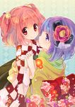  bell blush checkered floral_print flower hair_bell hair_flower hair_ornament hieda_no_akyuu holding interlocked_fingers japanese_clothes kimono looking_at_viewer motoori_kosuzu multiple_girls purple_eyes purple_hair red_eyes red_hair sen1986 short_hair smile touhou twintails two_side_up 