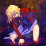  amputee androgynous blonde_hair blood bloody_knife injury jacket kara_no_kyoukai knife male_focus mimana planted_knife planted_weapon red_eyes red_jacket shirazumi_lio skirt solo weapon 