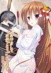  2015 blush breasts brown_hair cooking japanese_clothes kimono kitchen long_hair looking_at_viewer medium_breasts nipples original purple_eyes sekine_irie solo 