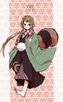  2015 barefoot brown_eyes brown_hair futatsuiwa_mamizou futatsuiwa_mamizou_(human) glasses hair_ornament hairclip hakama haori highres japanese_clothes leaf_hair_ornament pom_pom_(clothes) raccoon_tail scarf smile syn tail touhou 