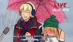  1girl bangs blonde_hair blush covered_face covering_face embarrassed english fiorun hand_on_own_face hat holding holding_umbrella jacket meme open_mouth out_of_frame rinkara scarf shared_umbrella shulk sidelocks smile special_feeling_(meme) umbrella upper_body xenoblade_(series) xenoblade_1 