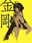  ahoge bare_shoulders character_name crossed_legs detached_sleeves finger_to_mouth headgear high_heels highres hoshi_akari japanese_clothes kantai_collection kongou_(kantai_collection) long_hair nontraditional_miko one_eye_closed sketch solo thighhighs yellow_background 