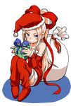  bare_shoulders blonde_hair blue_eyes boots christmas collarbone detached_sleeves frown fudatsuki_kyouko fudatsuki_no_kyouko-chan full_body fur_trim gift hair_ribbon hat high_ponytail holding holding_gift long_hair looking_at_viewer pom_pom_(clothes) ponytail red_footwear red_ribbon ribbon sack sanpaku santa_costume santa_hat simple_background sitting sleeves_past_wrists solo thigh_boots thighhighs very_long_hair white_background yamamoto_souichirou 