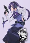  blush breasts glock gochuumon_wa_usagi_desu_ka? goggles gun handgun highres holding holding_gun holding_weapon large_breasts locked_slide long_hair magazine_(weapon) magazine_ejection matsuryuu pantyhose pistol purple_eyes purple_hair rabbit_house_uniform reloading safety_glasses solo tedeza_rize trigger_discipline twintails weapon 