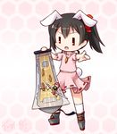  aircraft airplane animal_ears black_hair brown_hair bunny_ears carrot_necklace chibi cosplay dress inaba_tewi inaba_tewi_(cosplay) jewelry kantai_collection langbazi love_live! love_live!_school_idol_project minigirl multiple_girls nishikino_maki pendant pink_dress pointing pointing_at_viewer ryuujou_(kantai_collection) ryuujou_(kantai_collection)_(cosplay) short_hair signature touhou twintails white_background yazawa_nico 