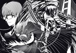  2girls asagami_fujino bridge glasses kara_no_kyoukai knife kokutou_mikiya monochrome multiple_girls ryougi_shiki spiral todee 