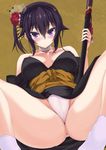  bandages bare_shoulders blush cameltoe crotch flower fundoshi hair_between_eyes hair_flower hair_ornament japanese_clothes katana konohana_enishi lying obi original purple_eyes purple_hair sash sengoku_aky side_ponytail solo sword tabi weapon 