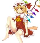  arm_support ascot asymmetrical_hair asymmetrical_wings blonde_hair bunchou_(bunchou3103) fang flandre_scarlet hat leg_hold looking_at_viewer mob_cap open_mouth puffy_short_sleeves puffy_sleeves red_eyes red_shirt red_skirt shirt short_hair short_sleeves side_ponytail simple_background sitting skirt skirt_set sleeveless sleeveless_shirt solo touhou white_background white_shirt wings 