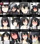  &gt;_&lt; annotated black_hair blush breasts brown_eyes calendar_(medium) cleavage closed_eyes collarbone covering_mouth female_admiral_(kantai_collection) full-face_blush gloves hat heart heart_hands kantai_collection medium_breasts multiple_girls niwatazumi one_eye_closed open_mouth ryuujou_(kantai_collection) shouhou_(kantai_collection) smile tatebayashi_sakurako tongue tongue_out torn_clothes turtleneck underwear uniform white_gloves 