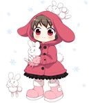  :3 animal_ears bebeneko blush brown_hair bunny bunny_ears bunny_tail coat inaba_tewi mittens red_eyes snowflakes tail touhou winter_clothes |_| 