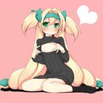  black_legwear blazblue blonde_hair cleavage_cutout flat_chest godharo1 green_eyes hairband heart highres long_hair looking_at_viewer meme_attire nipples open-chest_sweater pink_background platinum_the_trinity ribbed_sweater sitting socks solo sweater turtleneck very_long_hair wariza 