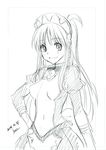  blush braid breasts covered_navel dated dress long_hair long_sleeves maid_headdress mitarashi_kousei monochrome nono_(top_wo_nerae_2!) puffy_sleeves signature sketch small_breasts smile solo top_wo_nerae_2! waitress 