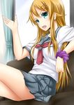  blonde_hair couch fang green_eyes highres kousaka_kirino long_hair looking_at_viewer oosato_haya ore_no_imouto_ga_konna_ni_kawaii_wake_ga_nai school_uniform serafuku sitting 