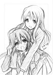  2girls :d blush dated greyscale hug hug_from_behind k-on! kotobuki_tsumugi long_hair long_sleeves mitarashi_kousei monochrome multiple_girls nakano_azusa open_mouth ribbon sakuragaoka_high_school_uniform school_uniform signature sketch skirt smile sweatdrop twintails 