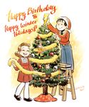  1girl 2014 bangs billy_batson brother brother_and_sister brown_hair christmas christmas_tree dc_comics denim dress family garland hat jeans ladder lightning_bolt mary_batson ornament pants pantyhose santa_hat sen_(pixiv111638) shazam siblings sister smile sweater white_legwear 