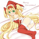  absurdres ass bare_shoulders blazblue blonde_hair blush boots condom_wrapper fur_trim godharo1 green_eyes hairband hat heart heart-shaped_pupils highres long_hair looking_at_viewer lying on_side panties platinum_the_trinity quad_tails santa_costume santa_hat simple_background smile solo symbol-shaped_pupils thigh_boots thighhighs underwear very_long_hair white_background white_panties 