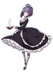  bangs black_dress blackberry_cookie blunt_bangs brooch candle cookie_run crown dress hand_on_own_chest highres jewelry lolita_fashion long_sleeves looking_at_viewer mini_crown multicolored_hair pantyhose personification petticoat purple_eyes purple_hair short_hair simple_background solo striped striped_legwear supernew two-tone_hair white_background 