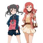  &gt;:) \m/ adjusting_hair andrian_gilang bad_id bad_pixiv_id bag belt black_hair blush casual cowboy_shot dot_nose dress earphones floral_print grin hair_ornament hair_scrunchie hand_in_pocket hand_on_hip handbag jacket long_hair looking_at_viewer love_live! love_live!_school_idol_project multiple_girls nishikino_maki one_eye_closed print_dress print_scrunchie purple_eyes red_eyes red_hair scrunchie shorts simple_background smile star star_print stopwatch track_jacket twintails v-shaped_eyebrows watch white_background yazawa_nico 