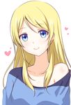  alternate_hairstyle ayase_eli blonde_hair blue_eyes collarbone hair_down heart long_hair looking_at_viewer love_live! love_live!_school_idol_project off_shoulder simple_background solo upper_body white_background yuki_(sangeki5806) 