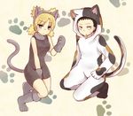  1girl animal_costume black_hair blonde_hair cat_costume cat_ears cat_tail embarrassed hood hoodie nara_shikamaru naruto paw_print quad_tails shimatori042 tail temari 