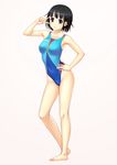  absurdres asics bangs bare_arms bare_legs bare_shoulders barefoot black_eyes black_hair breasts collarbone competition_swimsuit covered_navel full_body hand_on_hip highres kuri_(kurigohan) looking_at_viewer medium_breasts one-piece_swimsuit original short_hair simple_background solo standing swimsuit v_over_eye 