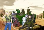  5girls :3 absurdres arrow assault_rifle black_hair blonde_hair blue_eyes blurry blurry_background bow_(weapon) brown_hair browning_m2 cellphone denim dessert elf food gate_-_jieitai_ka_no_chi_nite_kaku_tatakaeri gloves goggles goggles_on_headwear grey_eyes gun halberd headwear_removed heisaku helmet helmet_removed highres howa_type_89 itami_youji jeans kurokawa_mari lavender_eyes lavender_hair lelei_la_lalena lolita_fashion long_hair military military_uniform military_vehicle multiple_boys multiple_girls navel pants phone pointy_ears polearm quiver red_eyes rifle rory_mercury scenery shirt sitting t-shirt tuka_luna_marceau uniform vehicle_request very_long_hair weapon 