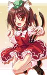  :d animal_ears bow brown_eyes brown_hair cat_ears cat_tail chen dress ear_piercing fang hat jewelry long_sleeves mob_cap multiple_tails nekomata open_mouth piercing red_dress shirt single_earring smile solo tail touhou v yamu_(reverse_noise) 