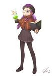  alchemist_cookie black_legwear book braid capelet cookie_run flask glasses hat long_hair mr._yvk no_bangs one_eye_closed pantyhose personification purple_hair round_eyewear simple_background skull_print solo twin_braids white_background 